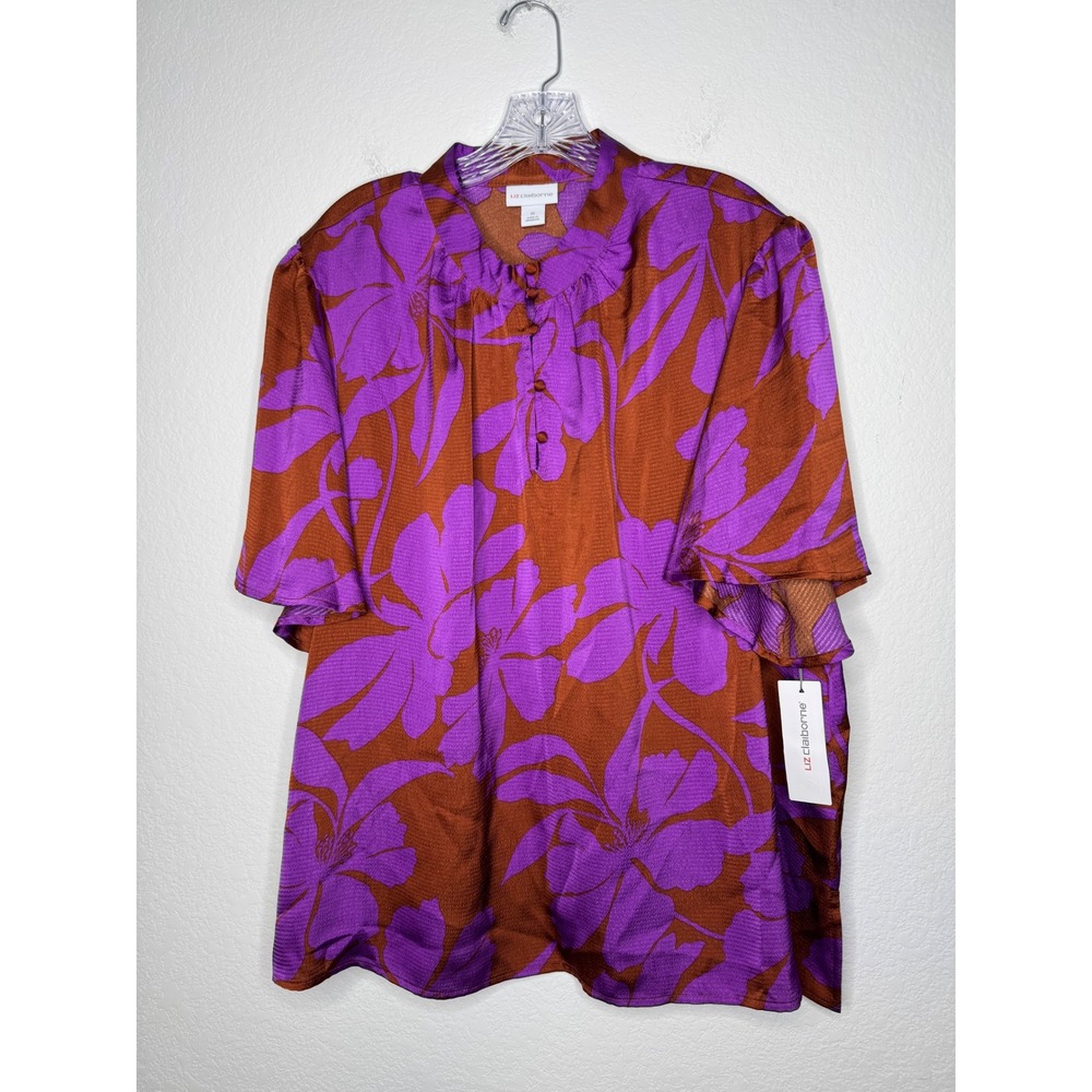Liz Claiborne Brandy Brown Purple Floral Ruffle Henley Blouse Womens Size 1X NWT